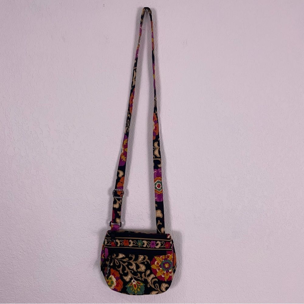 Vera Bradley Black with‎ Tan and Colorful Print Small Crossbody Purse